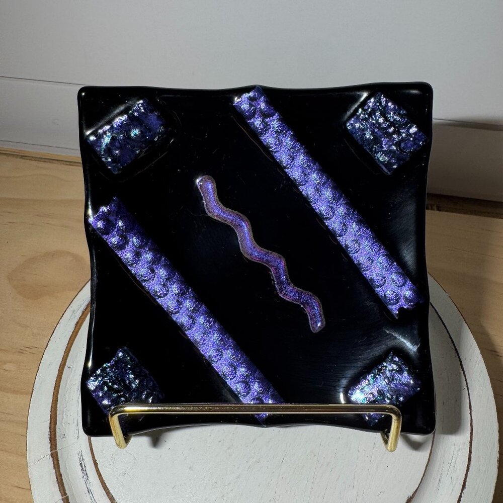 Dichroic Glass Fused Glass Trinket Dish Signed Penny Squiggles / Line Multicolor